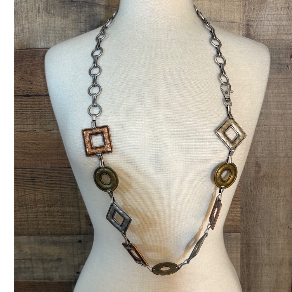 Mixed Metal Geometric Link Necklace Silver Copper Gold Tone Hammered Squares